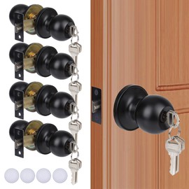 KONIGEEHRE 4 Pack Keyed Entry Door Knobs Matte Black Round Exterior/Interior Door Lock with Keys for Bedroom Bathroom, Hardwares & Instruction Included