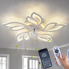 haodengshi 25" White Modern Geometric Ceiling Fan with Lights, 3 Light Color 6 Speeds Flush Mount Low Profile Ceiling Fan for Bedroom Kitchen