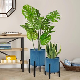 ARNIS Modern Plant Pots, Indoor Large Planters with Stand, Decorative Planters, Metal Pots with Drainage Holes for Living Room, Office, Garden or Balcony, 8.25 &10.5 Inch, Blue