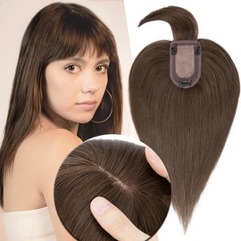 MY-LADY Human Hair Toppers for Women Real Human Hair for Thinning Hair 7 * 13CM Silk Base Hairpieces with Bangs 150% Density Clip in Remy Hair Pieces 14 Inch Chocolate Brown