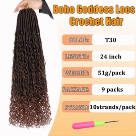 ZRQ Boho Faux Locs Crochet Hair 24 Inch 9 Packs Goddess Locs Hair with Curly Ends Pre-looped Bohemian River Locs Crochet Hair for Black Women (24Inch, T30#)