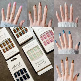 LIyun&Hang 5Pack(120PCS) Glitter Press On Nails Medium Fake Nails Acrylic Almond False Nails Magic Color Electroplate Design Full Cover Stick On Nails for Women and Girls(Jelly gel) (Type B)