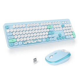 SbocKeeb Wireless Typewriter Keyboard and Mouse Combo Retro 104 Key Full Size Office Set Blue Keyboard with Silent Round Keycaps, Ideal for Laptop and Desktop PCs, Cute esign Keyboard.(Blue)