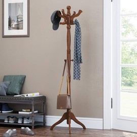 VASAGLE Coat Stand, Solid Wood Freestanding Coat Rack with 11 Hooks, Hall Tree for Bags, Purses, Hats, for Entryway, Hallway, Rubberwood, Walnut URCR05WN