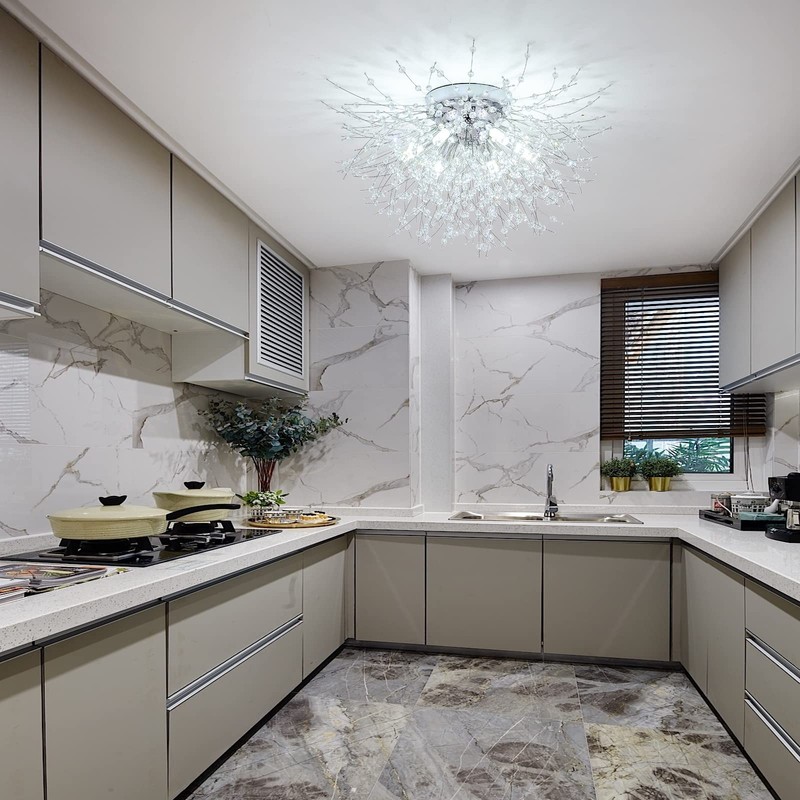 Chrome Firework Flush Mount Ceiling Light Fixture, Modern Crystal Sputnik