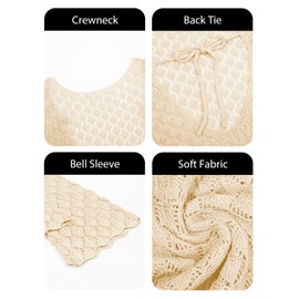 Fisoew Women's Swimsuit Crochet Cover Ups Summer Long Sleeve Tie Back Fringe Hem Beach Vacation Coverup Maxi Dress Beige