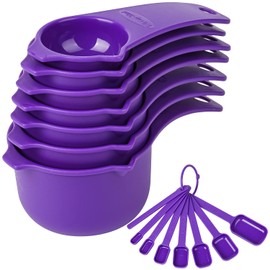 Juego de tazas y cucharas medidoras de plástico, 15, 7 cucharas medidoras secas y líquidas, 7 cucharas medidoras de mango largo con 1 nivelador para cocina y hornear, tazas métricas y cucharas moradas