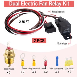 2 PCS Electric Fan Relay Kit, Dual Electric Fan Relay Kit, 185 Degree On 175 Thermostat Switch 40A Relay, 12V Cooling Radiator Fan Relay Wiring Kit for Replacing Faulty Wiring, Truck Engine Cooling