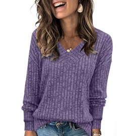 XMTOPYE Sweaters for Women Fall Fashion Long Sleeve Shirts Womens V Neck Tops Business Casual Outfits Trendy Tunic Winter Clothes Purple