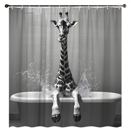 Funny Giraffe Shower Curtain The Cute Giraffe is Sitting in The Bathtub and Taking a Bath Farmhouse Animals Wildlife Vintage Gray Background Polyester Fabric Bathroom Decorative Curtain 70 x 70 inch