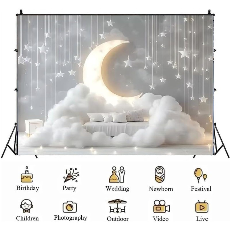 Indoor Boho Newborn Children Golden Glowing Moon Silver Glittering Stars
