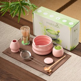 MatchAiA 8 Pcs Matcha Set - Ceramic Bowl, Bamboo Whisk with Holder, Canister, Sifter, Schima Spoon, Spoon Rest and Tea Towel, Complete Kit for Traditional Matcha and Modern Lattes (Pink)