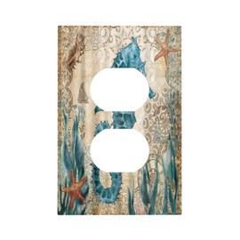Spshian Vintage Blue Seahorse Seaweed Starfish Ocean Nautical Theme 1 Gang Duplex Outlet Cover Faceplate Decorative Wall Plate Single Receptacle Light Switch Cover Electrical Switchplate for Farm Home