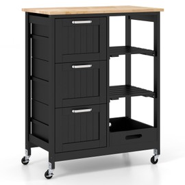 TANGZON Kitchen Storage Trolley on Wheels, Rolling Kitchen Island with Rubber Wood Worktop, Removable Tray, 2 Shelves & 3 Drawers, Utility Serving Cart for Home Dining Room Bar, 67x37x84cm(Black Body)