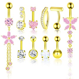 Yamobi Bauchnabelpiercing Set Mit 10 Stück Gold Bauchnabelringe,bauchnabelpiercing chirurgenstahl Blume Anhänger Geschenk für Frauen Schmuck