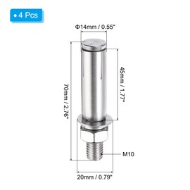 PATIKIL M10 x 70mm Expansion Bolts, 4Pcs 304 Stainless Steel Expansion Screw Bolts Sleeve Anchoring Fastener for Wall Concrete Brick Wall Drywall Air Conditioner, Silver