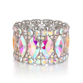 BriLove Wedding Bridal Elegant Crystal Double Row Rhinestones Marquise Cluster Stretch Bangle Bracelet for Bride Iridescent AB Silver-Tone