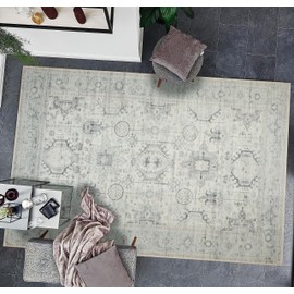 GLN Rugs Bohemian Collection - Machine Washable Area Rug, Bohemian Vintage Washable Rug, Non Slip Area Rug, Low Pile Chenille Living Room Rug, Bedroom Rug, Bathroom Rug (6'x9' Beige and Gray Rug)