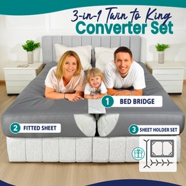 EPHEDORA 3-in-1 Fitted Sheet Attached Bed Bridge Twin (XL) to King Converter Kit with Sheet Strap Set | Split King Gap Filler for Adjustable Bed | Grey