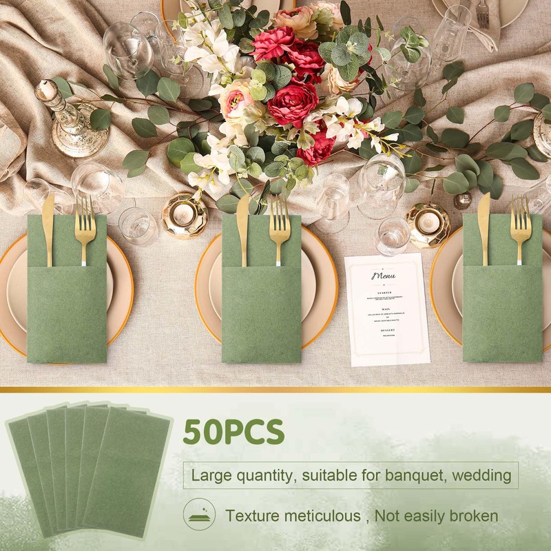 Qilery 50 Pcs Sage Green Disposable Dinner Napkins with Silverware