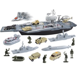 deAO Aircraft Carrier Toy Army Men with Scale Model Warplanes Warships Military Vehicles Battleship Planes Helicopter Trucks Tank Toys for Kids Boys Girls 28 Inches