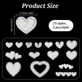 BEUNITONE 30 Pcs Rhinestone Sew On Patches Heart Glue On Patches White Pearl Glitter 15 Styles