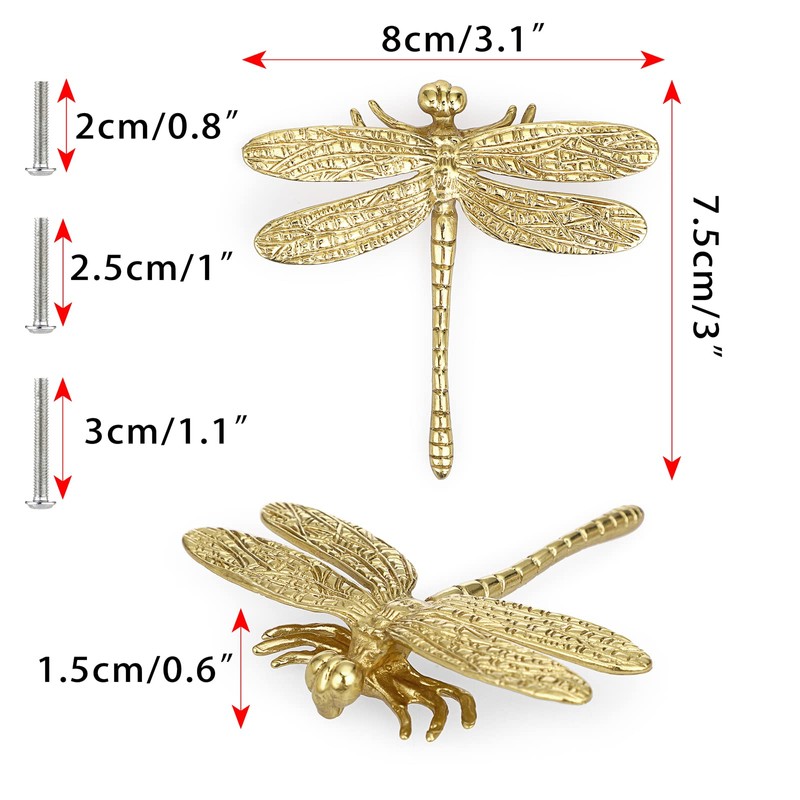 BSTKEY 4pcs Brass Gold Dragonfly Drawer Knobs Furniture Knobs with
