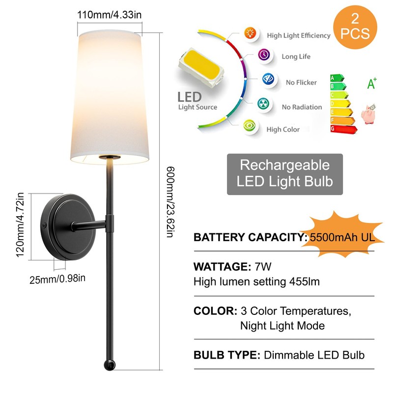 Aipsun 2 Packs Black Battery Operated Wall Sconce, Modern Rechargeable