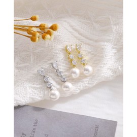 Pearl Earrings for Women, 14k Gold Plated Trendy Diamond Pearl Drop Earrings Bridal Shower Gifts Wedding Gifts for Women