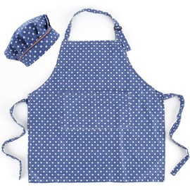 CRJHNS Kids Apron and Chef Hat Set, Adjustable Cotton Child Aprons with 2 Pockets Cute Girls Boys Kitchen Bib Aprons for Cooking Baking Painting (Small, Blue)