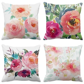 Emvency Set of 4 Throw Pillow Covers Peonies Summer Watercolor Floral Pink Flower Girly Pastel Mint Colorful Decorative Pillow Cases Home Decor Square 22x22 Inches Pillowcases