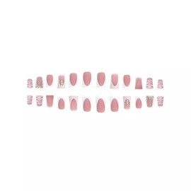 24Pcs White French Press on Nails Short Duck Fake Nails Nude Nails Press ons with White Stripe Rhinestones Designs Glossy False Nails Full Cover Acrylic Nails Cute Glue on Nails for Women