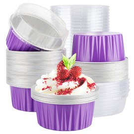 EUSOAR Baking Cups Aluminum Foil, 5oz 50pcs Reusable Cupcake Cups with Lids, 3.34"x2.59"x2.35" 125ml Pie Ramekins, Desserts Flans, Creme Brulee Cups, Pudding Jello Cups, Catering Party Favor-Lavender