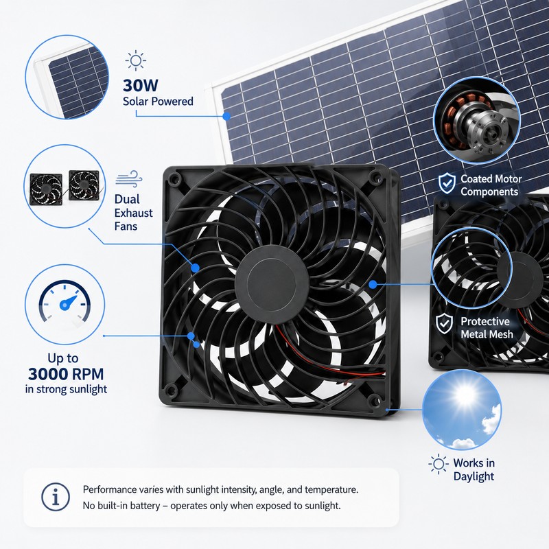 Solar Dual Exhaust Fan for Outdoor Ventilation – 30W Waterproof