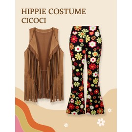 CICOCI 60s 70s Outfit For Women Hippie Costume 8pcs Fringe Vest Flared Pants Costume Peace Sign Necklace Earrings