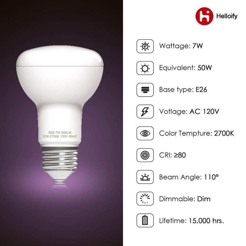 helloify Dimmable R20/BR20 LED Flood Light Bulb, 7W, 50W Equivalent,