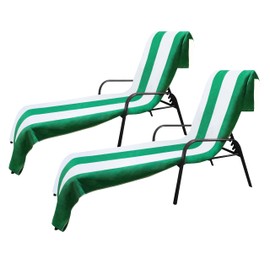 Superior Cabana Cotton Lounge Chair Cover, Outdoor Towel/Chaise Furniture Covers, Terry Cloth, Beach, Spa, Swim Accessories, Pool Chair Cover, Soft, Quick Drying, 32" x 102", Set of 2, Green