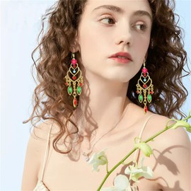 ONLYJUMP Long Retro Tassel Waterdrop Earrings for Women Fashion Bohemian Boho Hollow with Stone Vintage Statement Black Big Hanging Ethnic Dangle Earrings (Colorful C)