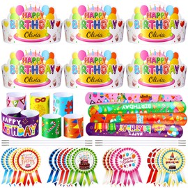Yunsailing 108 Pcs Happy Birthday Party Supplies for Kids Include 36 Birthday Paper Crowns 36 Birthday Badge Stickers 36 Happy Birthday Slap Bracelets for Classroom School Party Supply (White Color)