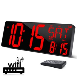 XREXS Large Digital Wall Clock WiFi Sync, 16.5 in Large Display Wall Clock with Temperature/Date/Week, LED Big Digital Timer Clock with Remote Control, Alarm Clock for Home and Office, Auto-dimming