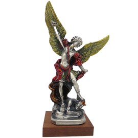 Needzo Pewter and Enamel St Michael Statue on Wood Base, Christian Home Decor, 8 1/2 Inch