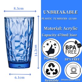 RAONEUS Plastic Highball Glasses Unbreakable Tumblers Coloured Glasses for Kids Acrylic Glasses Drinking for BBQ’s,Camping,Picnic,Birthday Party,Everyday Use (470ml Color)