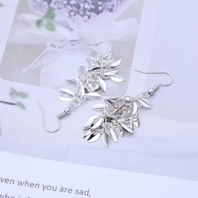 Cybche Boho Olive Leaf Earrings Dangle Silver Leaves Earrings Cluster