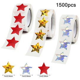 1500 Holographic Glitter Stickers, 1 Inch Small Star Foil Stickers for Behavior Charts, Kids Rewards & Classroom Teachers (Gold Star,Silver Star, Red Star)