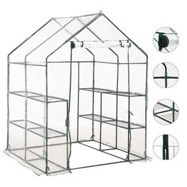Walk-in Greenhouse with 8 Shelves | Outdoor Indoor Green House | Plastic Plant Green House for Outside Garden Patio Backyard Yard | PVC with Powder-Coated Steel Frame 4.7' x 4.7' x 6.4'