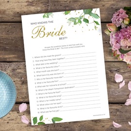 20 x Who Knows The Bride Best - Bridal Shower Hen Party Game - Botanicals Design (20 Guest Cards + 1 Card of Answers for The Host + Winner Certificate)