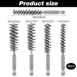4Pcs Stainless Steel Bore Brush for Drill, Round Wire Brush Set with 1/4" Hex Shank Twisted Wire Bristles for Drill Ports Rust Tubes Bearings Cleaning Parts Attachments(11, 12, 19, 22mm)
