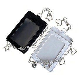 2 Pack Kpop Photocard Holder Keychain, PU Leather Photo Card Holder with Star & Heart Charms, Cute ID Badge Holder with Chain for 3 Inch Kpop Idol Cards, White & Black