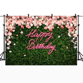 Riyidecor Happy Birthday Backdrop for Women Neon Flower Wall Pink Rose Green Leaves Floral Blossom Botanical Plant Nature 7Wx5H Feet Girls Photography Background Birthday Photo Studio Shoot Fabric