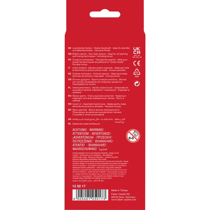 Faber-Castell FABER-CASTELL 125017 - Wasserfarbkasten 12 Farben, inkl. Pinsel, Malkasten